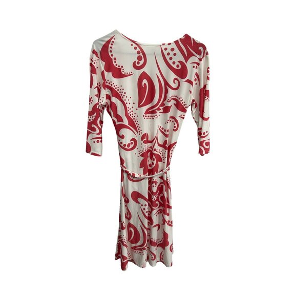 Trixie Red White Faux Wrap Dress Abstract Print 3/4 Sleeve Size L Made In USA - Picture 2 of 9